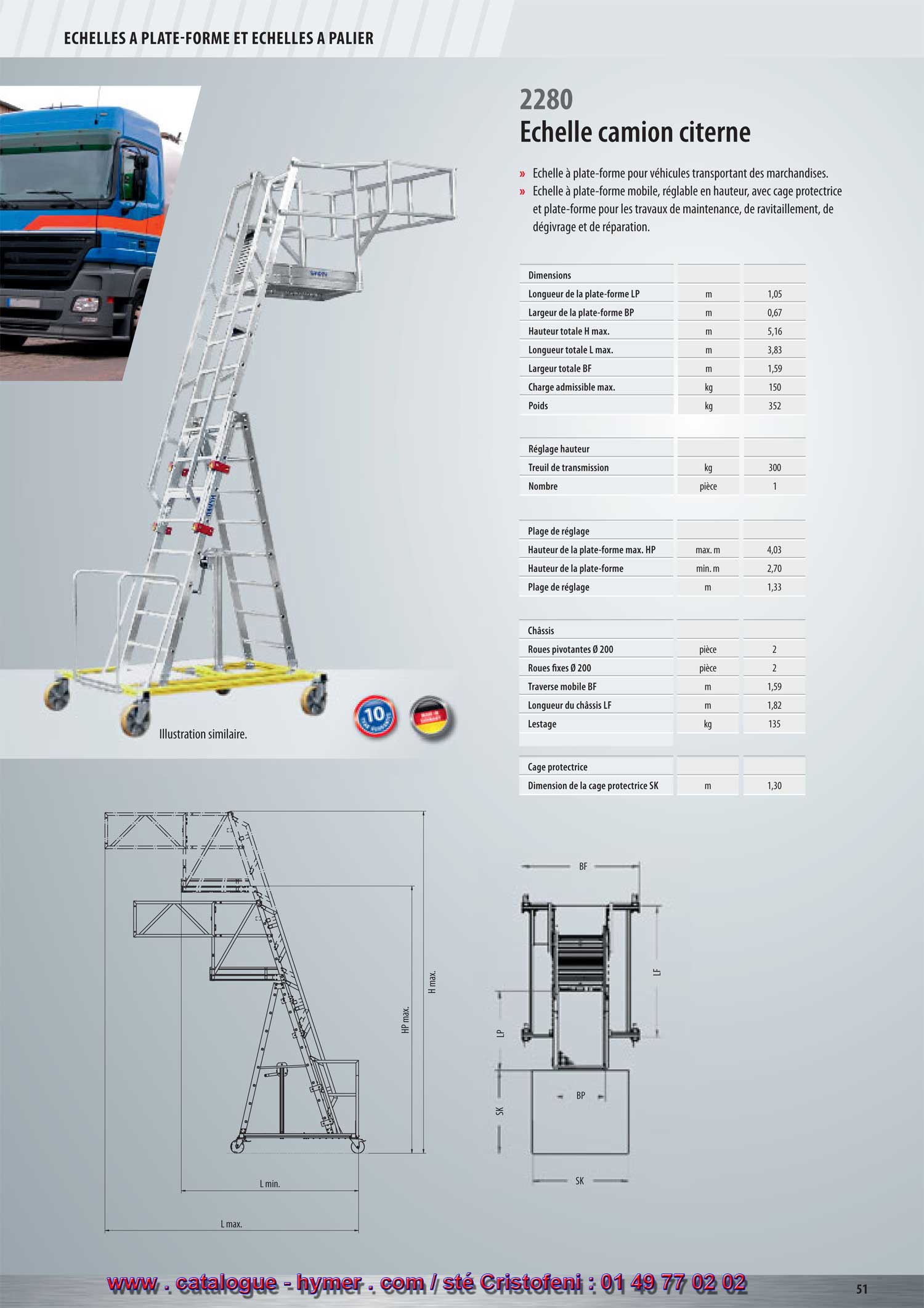 ECHELLE CAMION CITERNE 

Échelle camion citerne 

Échelle à plate-forme pour véhicules affectés au transport de marchandises. 
Échelle à palier mobile, à hauteur réglable et avec cage protectrice. 
Plate-forme pour les travaux d‘entretien, de remplissage, de dégivrage et de 

réparation. 
Dimensions : 
Long. de la plate-forme LP mm 1050 
Large de la plate-forme BP mm 670 
Hauteur totale H max. mm 5138 
Longueur totale L max. mm 3799 
Large totale BF mm 1590 
Chargement kg 150 
Poids kg 340 
Réglage hauteur : 
Bourriquet à transmission kg 300 
Unité Stock 1 
Plage de réglage : 
Haut. de la plate-forme max. HP max. mm 4030 
Haut. de la plate-forme min. mm 2698 
Plage de réglage mm 1332 
Châssis : 
Roues pivotantes Stock 2 
Roulette fixe Stock 2 
Traverse mobile BF mm 1590 
Long. du mécanisme de déplacement LF mm 1818 
Lestage kg 135 
Cage protectrice : 
Cage protectrice diamètre DK mm 1300 